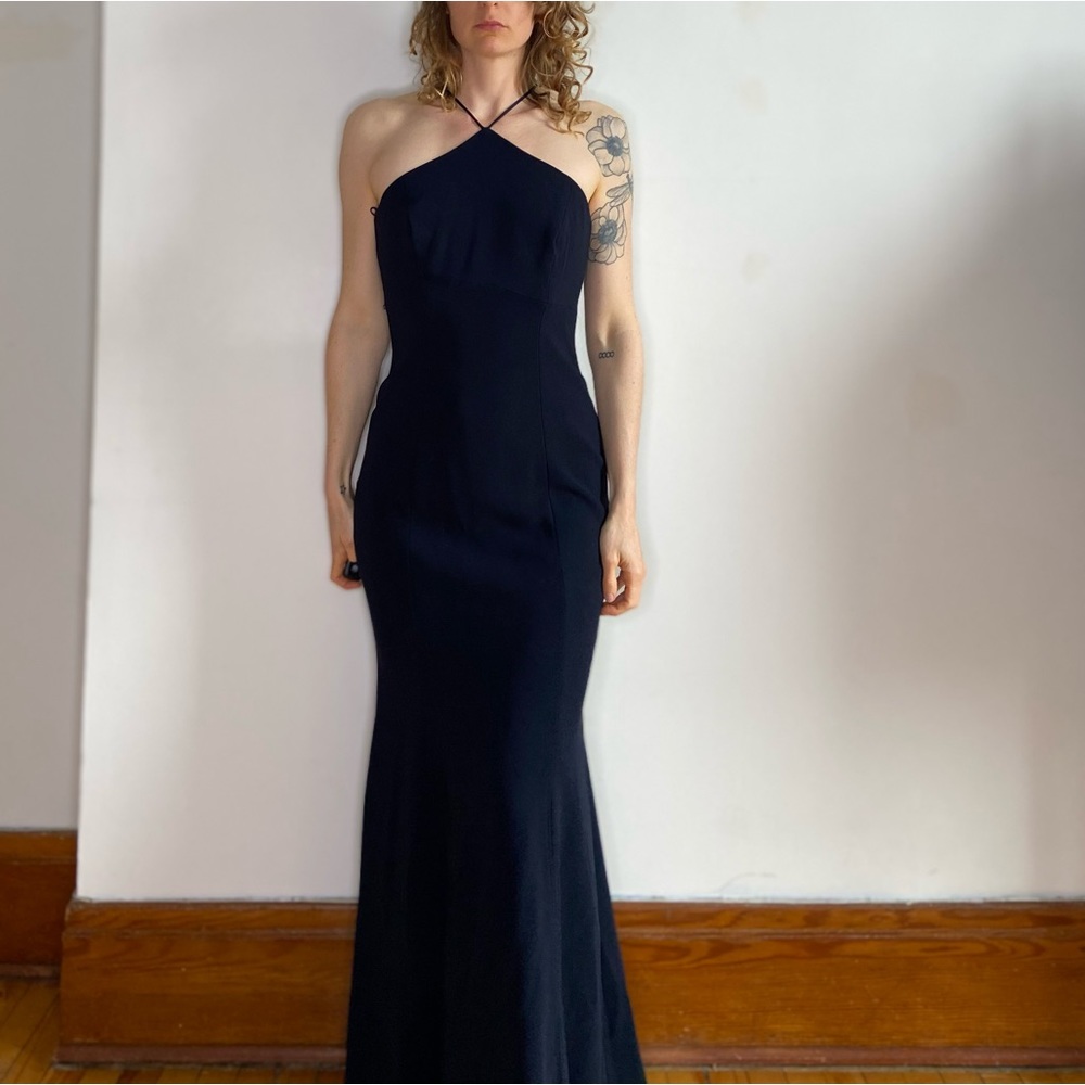 Theia Dark Navy Blue Halter Siren Full Length Maxi Gown Bridesmaid Event Dress